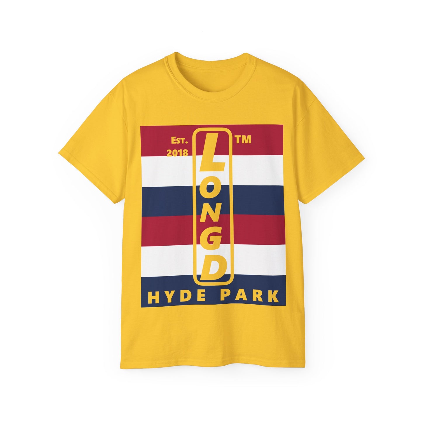 LongD cotton tee negative horizontal 6-striped Hyde Park upright logo (Patriotic colors)