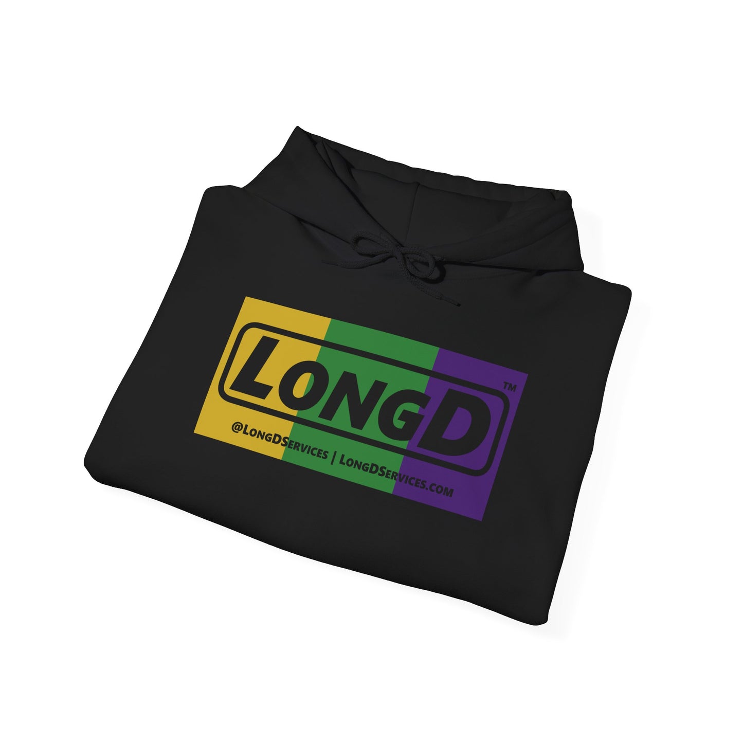 LongD® Logo Hoodie (Mardi Gras Forest Green-Royal Purple-Goldenrod Yellow negative text)