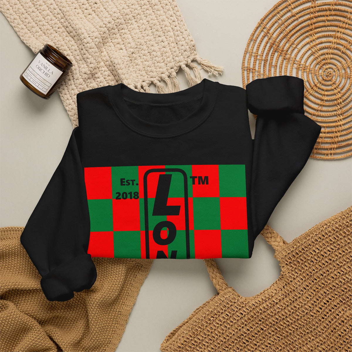 LongD Chicago negative upright checkered front-back logo (Xmas colors) crewneck sweatshirt