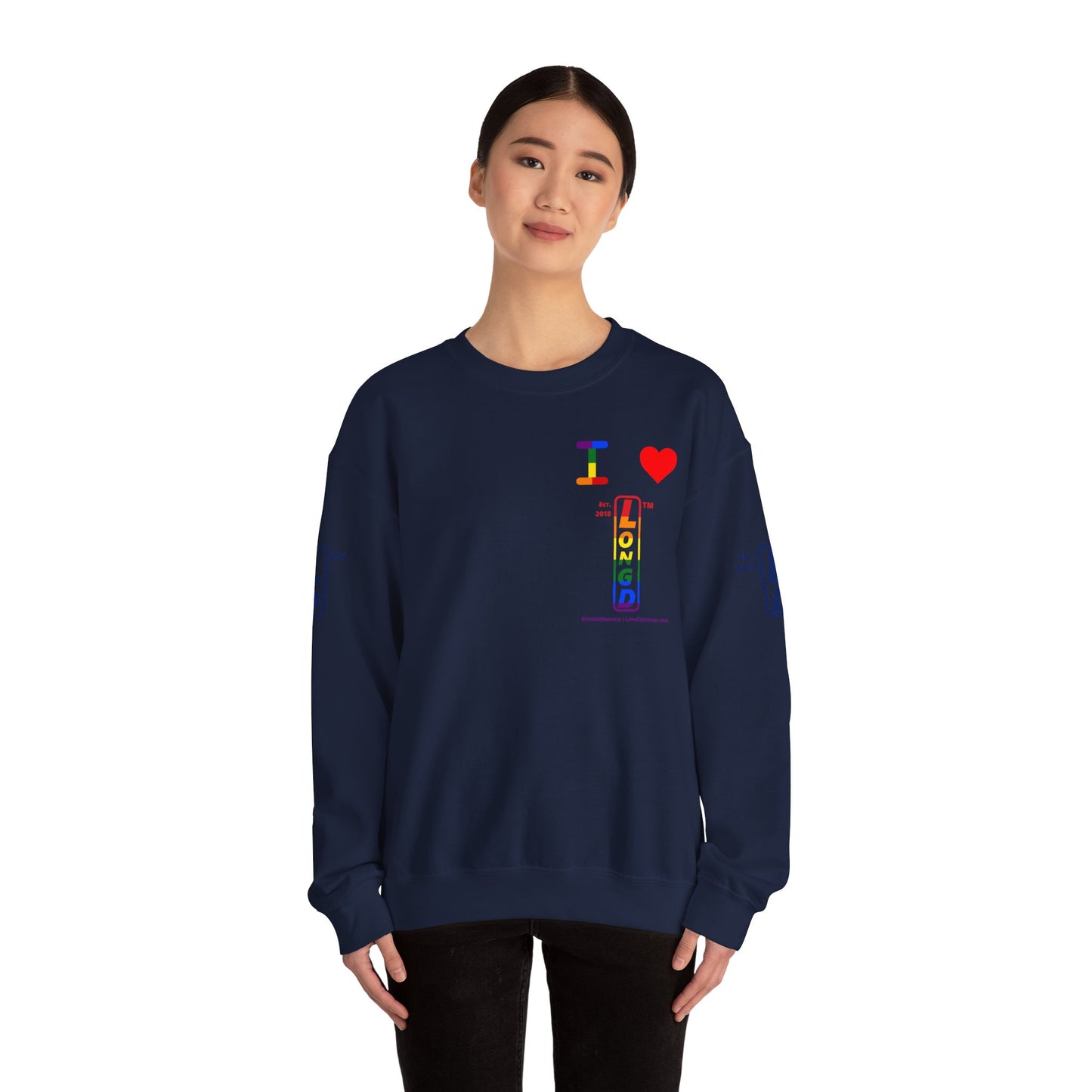 I Luv LongD positive horizontal 6-striped tag-domain upright 4-print single-breasted logo crewneck sweatshirt