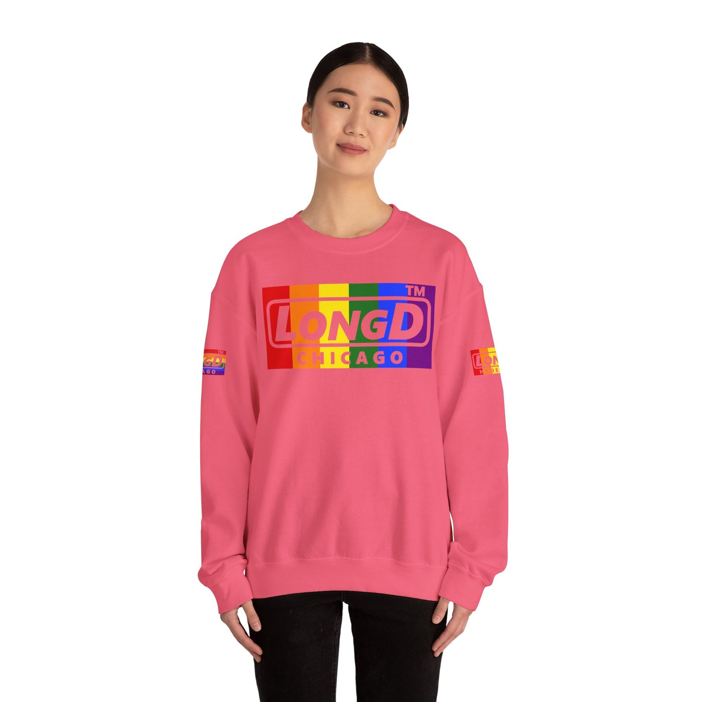 LongD official basic 4-print Chicago logo crewneck sweatshirt with Pride heart