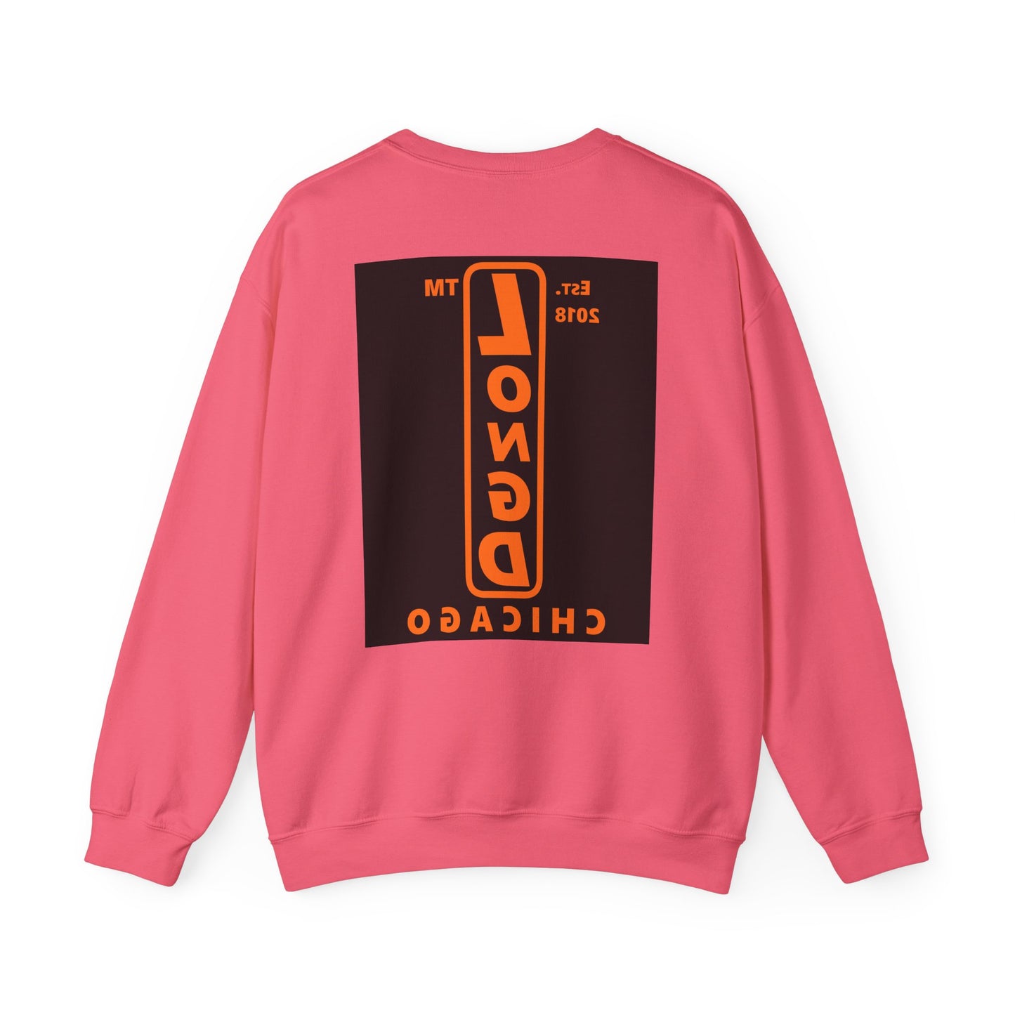 LongD Chicago upright front-back logo orange (FE7518) on Black (000000) crewneck sweatshirt