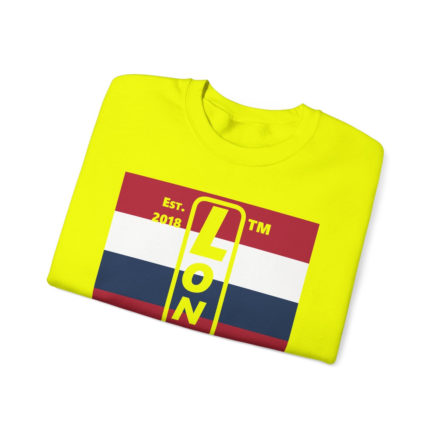 LongD negative horizontal 6-striped Hyde Park upright logo crewneck sweatshirt (patriotic colors)