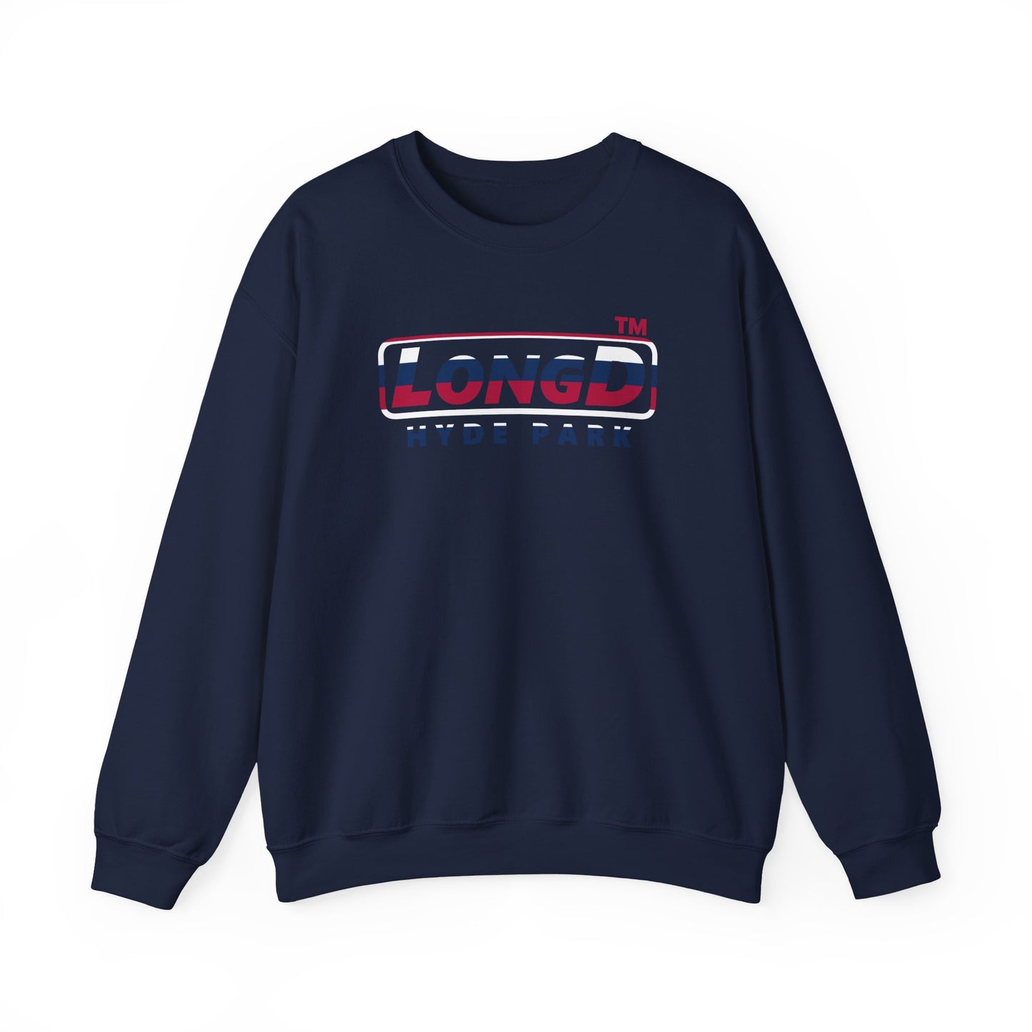 LongD positive horizontal 6-striped Hyde Park logo crewneck sweatshirt (patriotic colors)