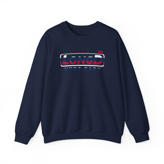 LongD positive horizontal 6-striped Hyde Park logo crewneck sweatshirt (patriotic colors)