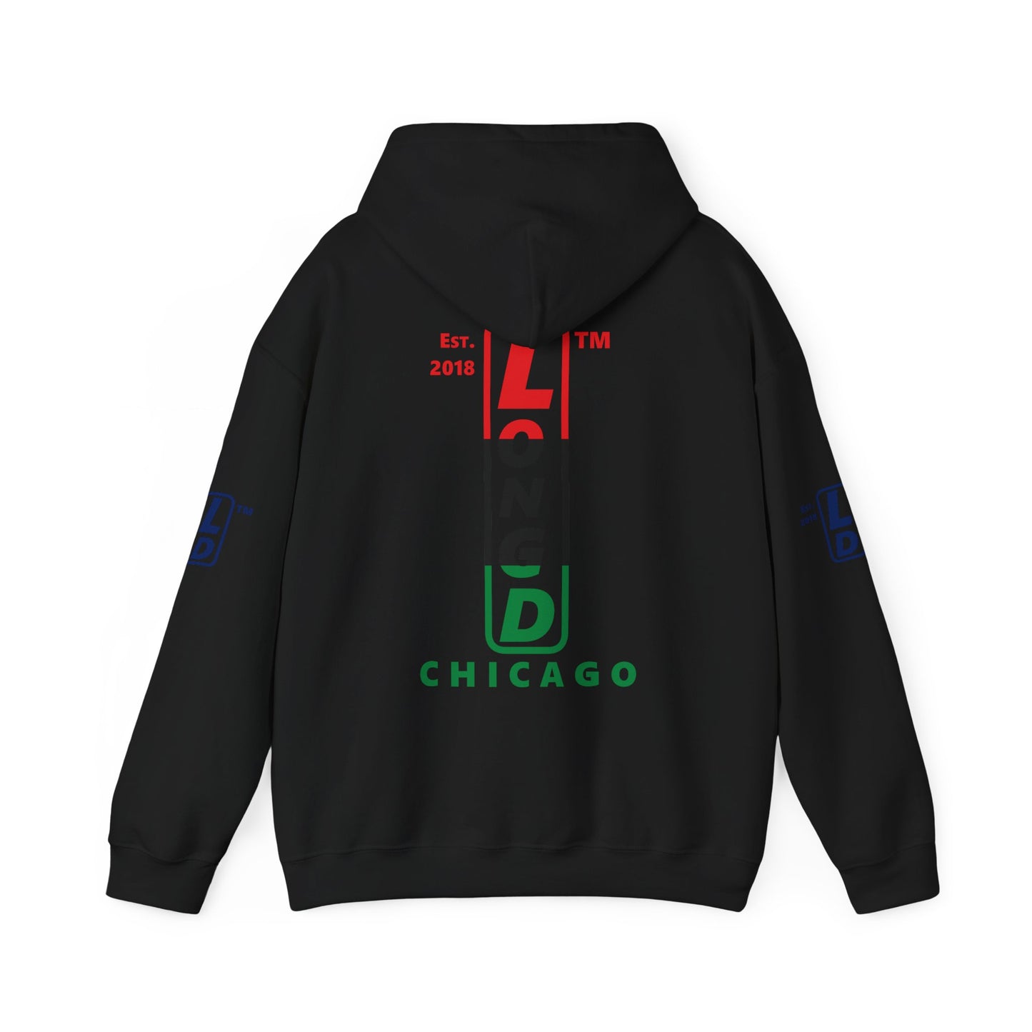 LongD® positive horizontal 3-striped Chicago 4-print upright logo hoodie (Juneteenth colors)
