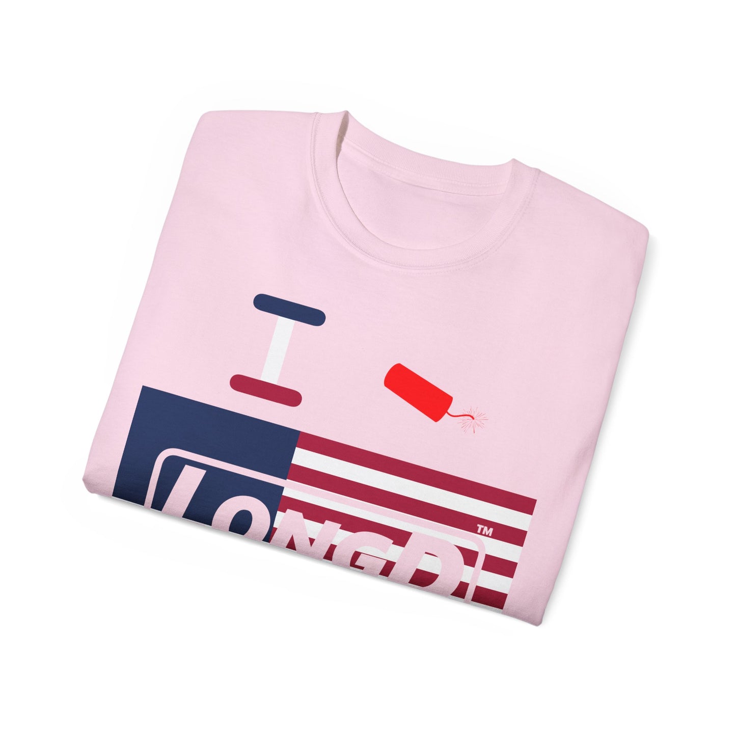 I Firecracker LongD® Logo Cotton Tee Red, White and Blue negative flag text