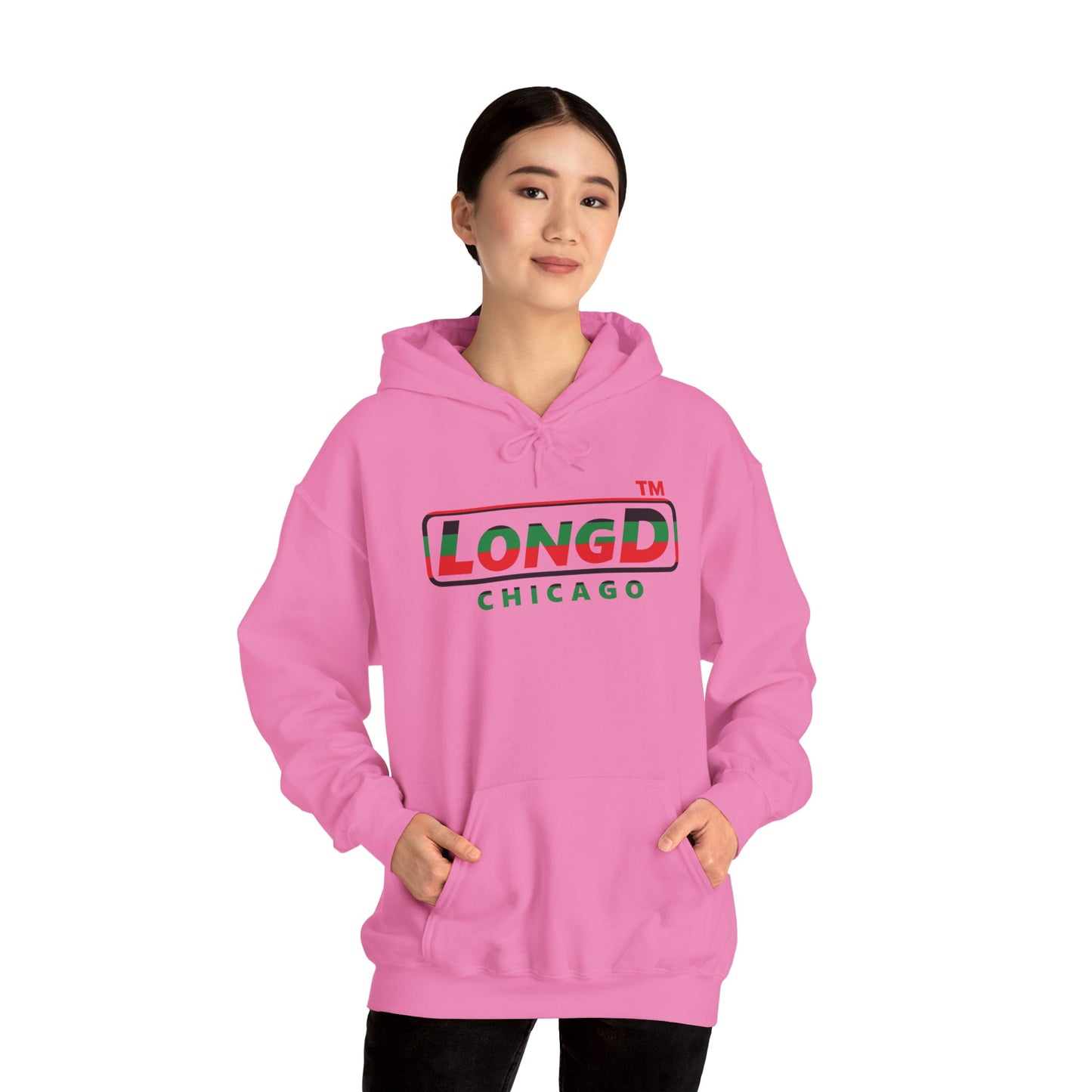 LongD® positive horizontal 6-striped Chicago logo Hoodie (Juneteenth colors)