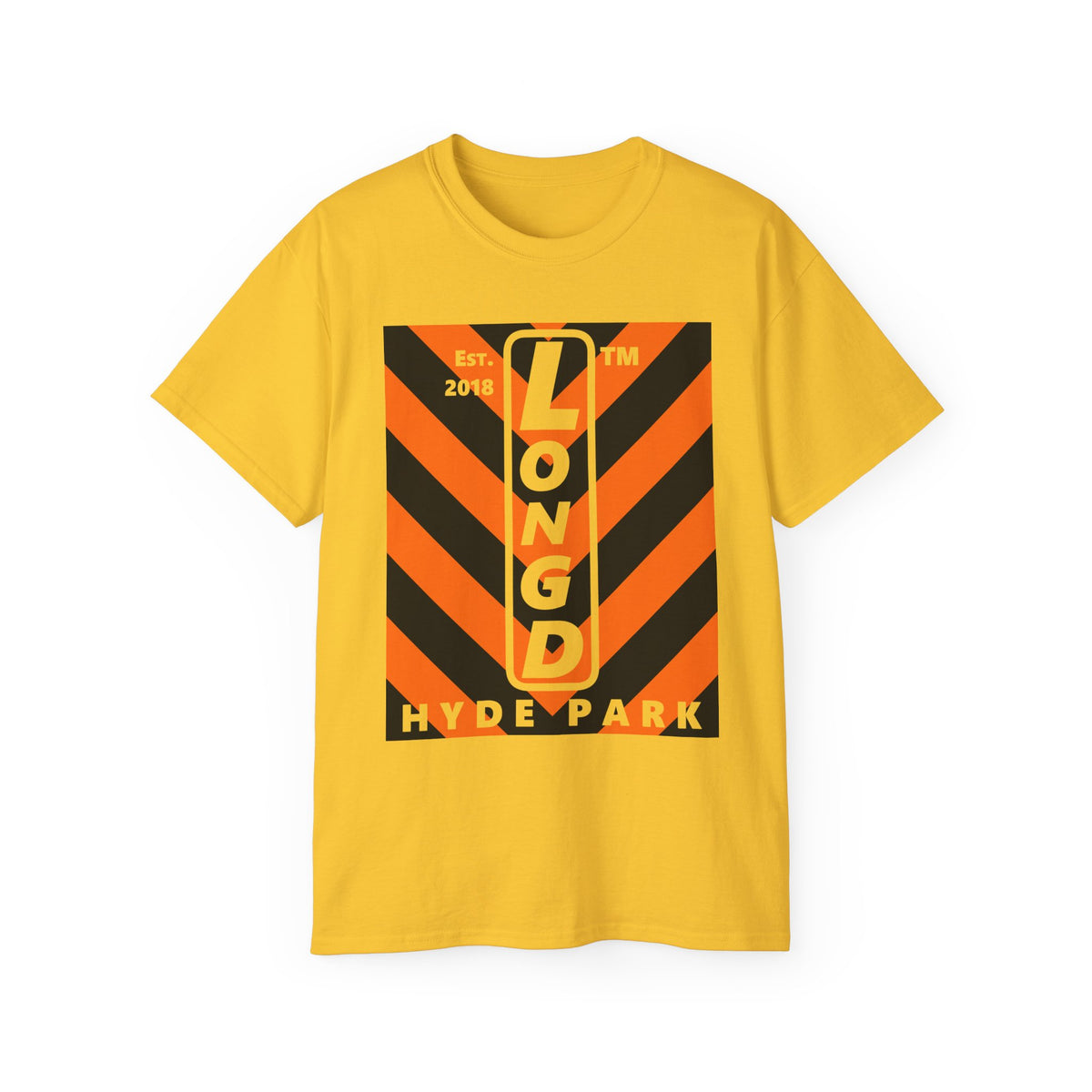 LongD Hyde Park negative upright downward chevron logo (Halloween colors) cotton tee