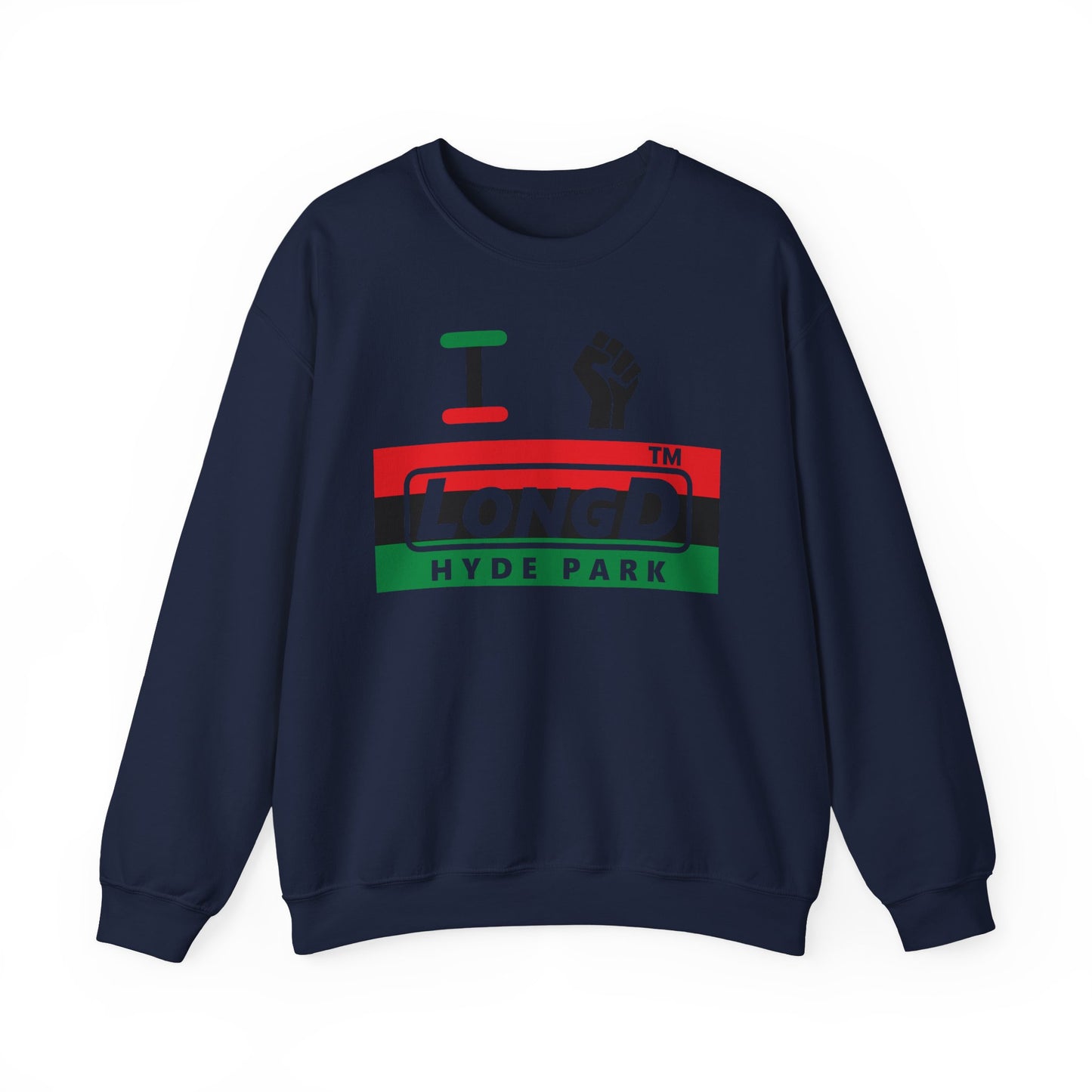 I fist LongD negative horizontal 3-striped Hyde Park logo crewneck sweatshirt