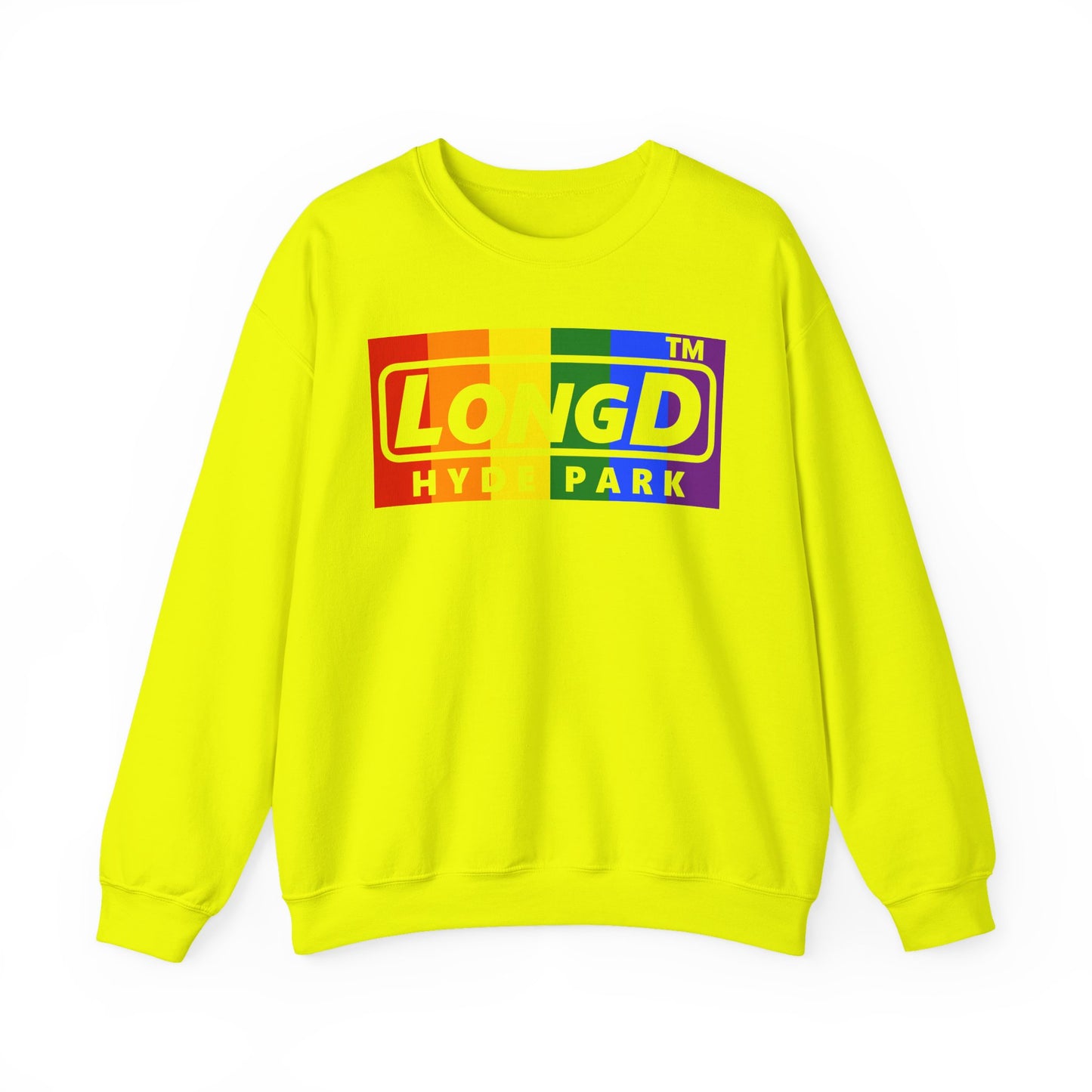 LongD negative vertical striped Hyde Park logo crewneck sweatshirt (Pride colors)