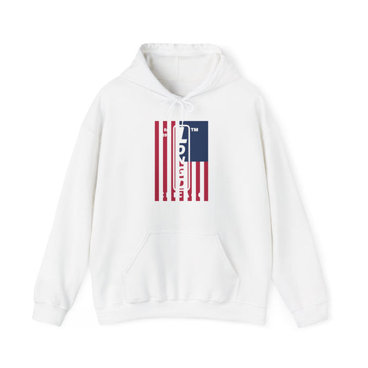 LongD® negative cropped flag upright Chicago logo hoodie