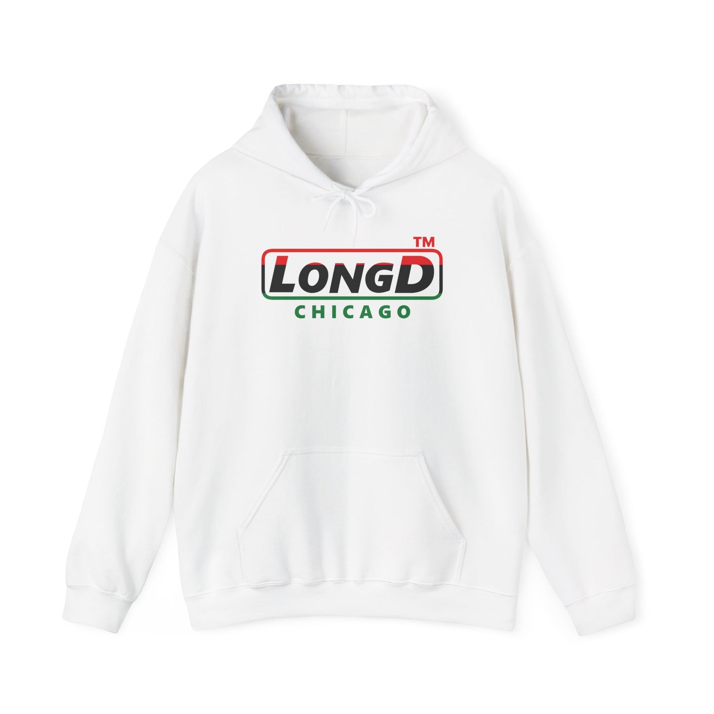 LongD® positive horizontal 3-striped Chicago logo Hoodie (Juneteenth colors)