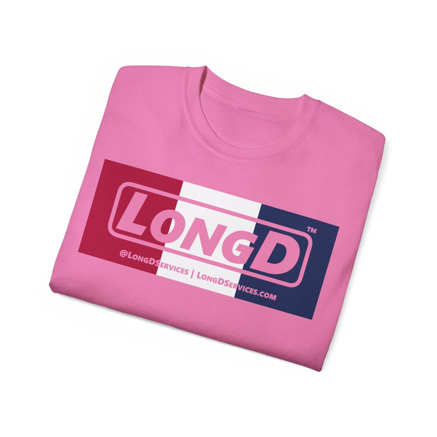 LongD® Logo Cotton Tee Red, White and Blue negative thirds text