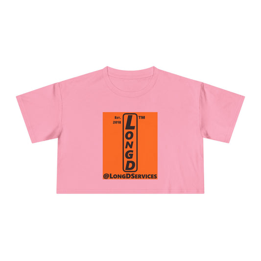 LongD Tag upright logo positive black on negative orange (Halloween colors) crop tee