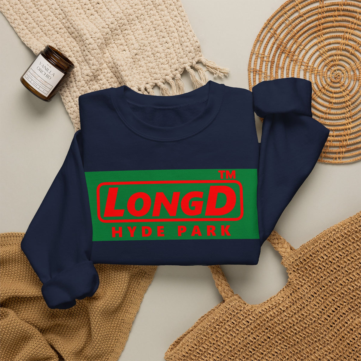 LongD Hyde Park logo positive red on negative green (Xmas colors) crewneck sweatshirt