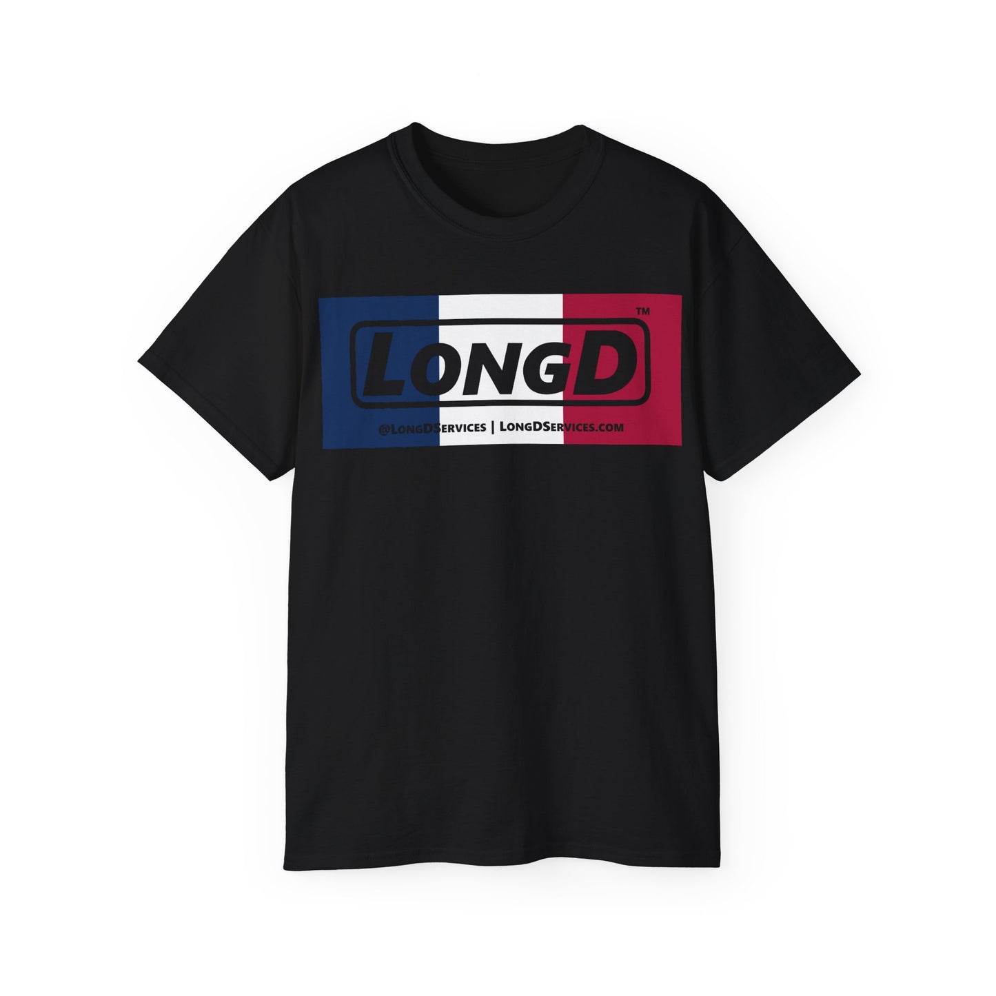 LongD® Logo Cotton Tee Blue, White and Red negative thirds text