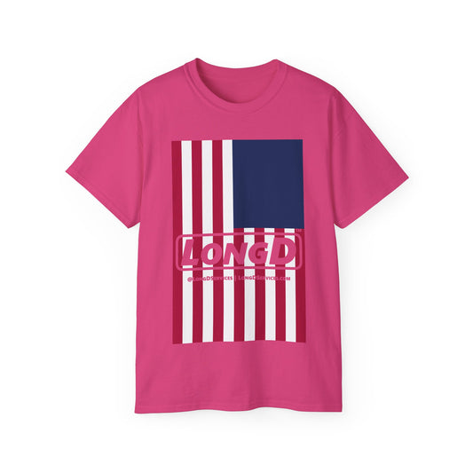 LongD® Logo Cotton Tee Red, White and Blue portrait (cropped proportions) flag negative text