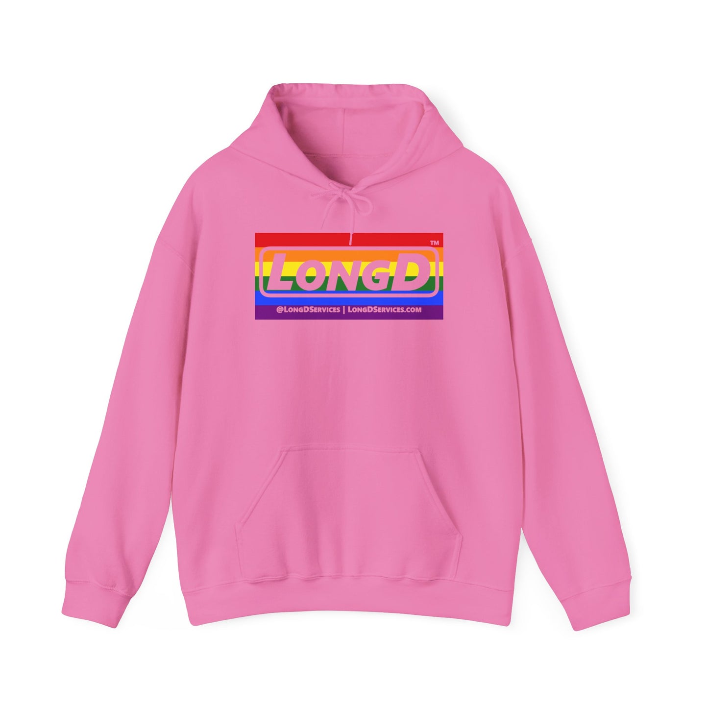 LongD® Logo Hoodie with Pride rainbow striped negative text