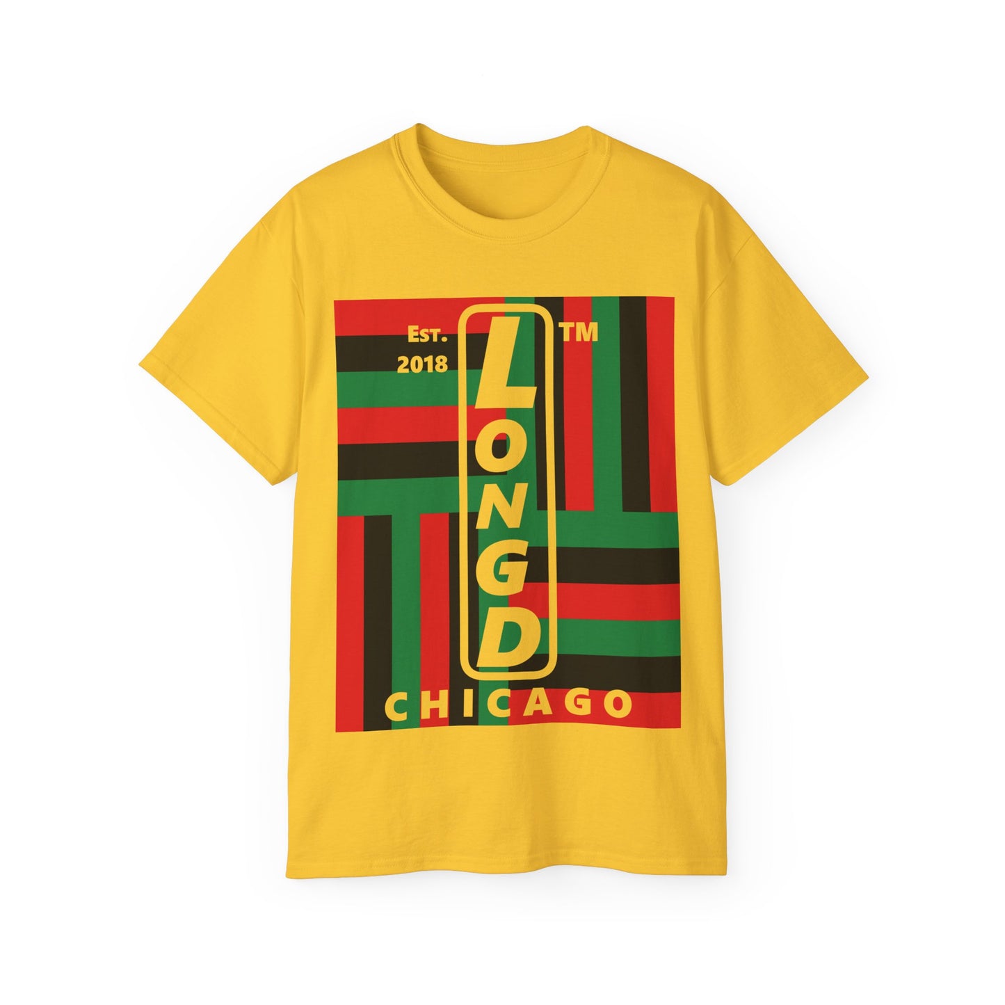 LongD Cotton Tee negative windmill Chicago upright logo (Juneteenth colors)