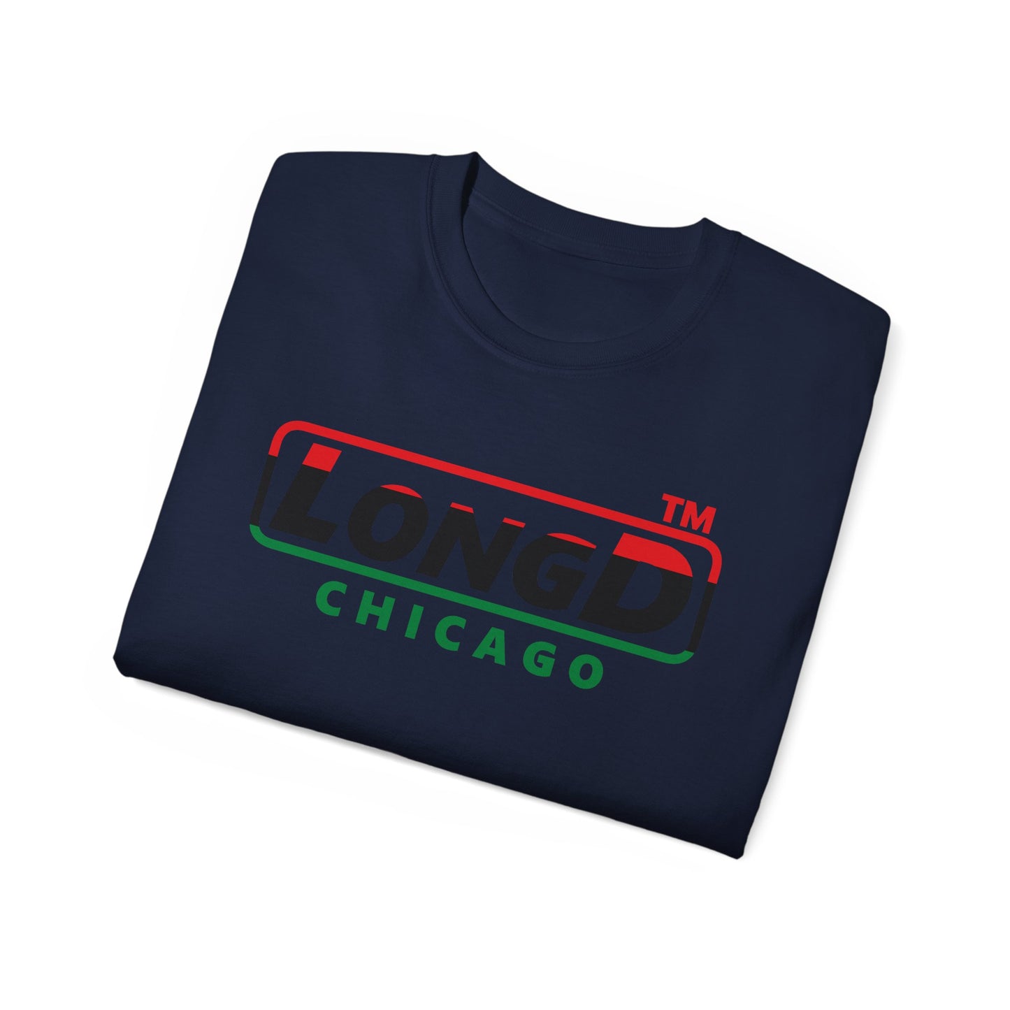 LongD positive horizontal 3-striped Chicago logo cotton tee (Juneteenth colors)