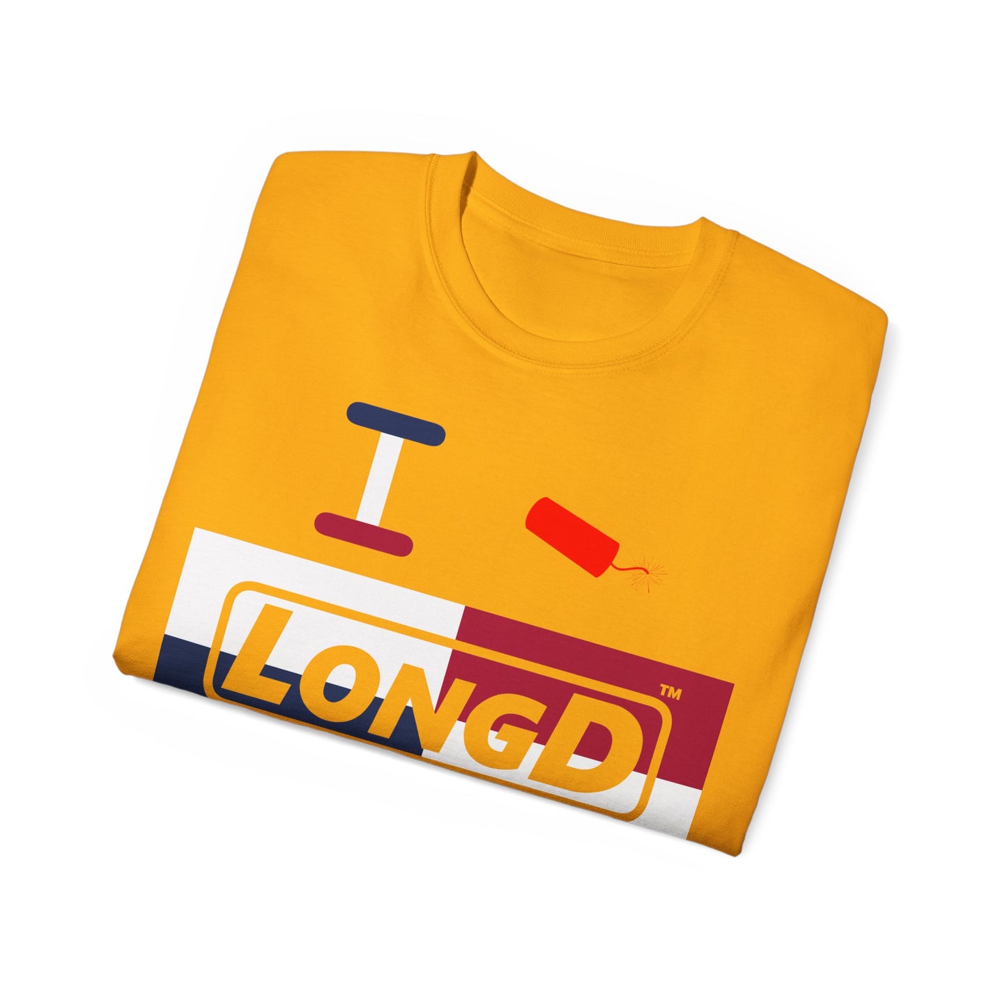 I Firecracker LongD® Logo Cotton Tee Red, White and Blue negative quarters text