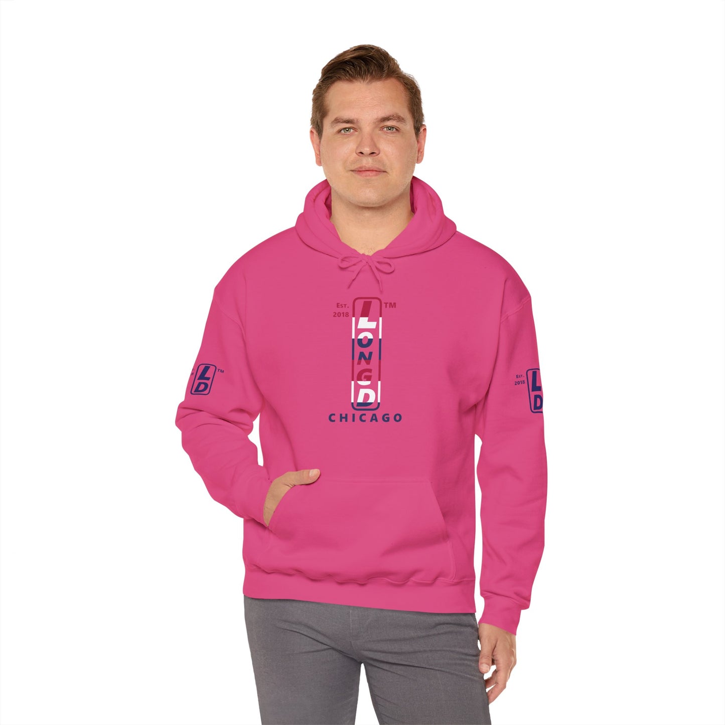 LongD® positive horizontal 6-striped Chicago 4-print upright logo hoodie (patriotic colors)
