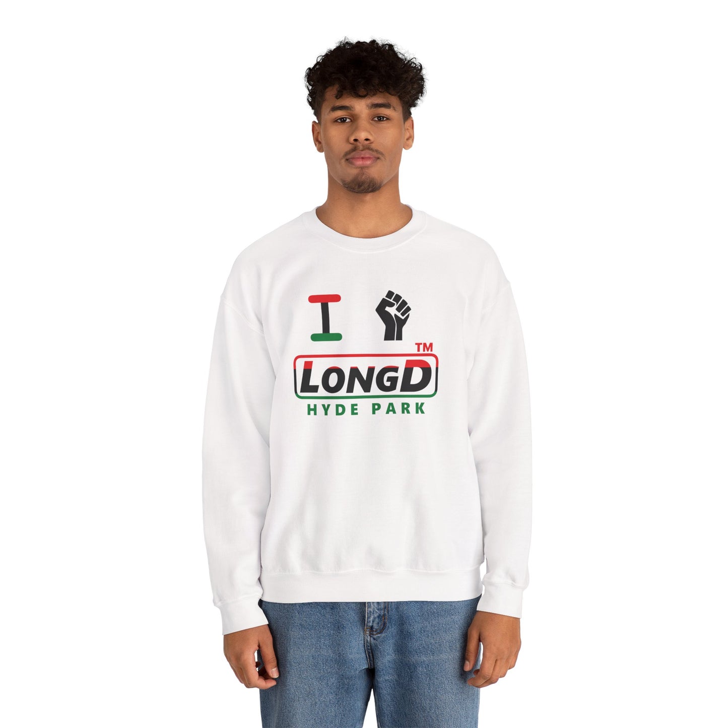 I fist LongD positive horizontal 3-striped Hyde Park logo crewneck sweatshirt