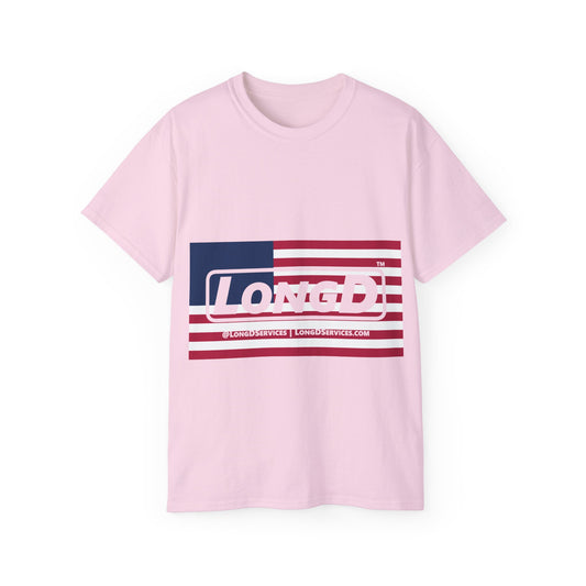 LongD® Logo Cotton Tee Red, White and Blue flag negative text