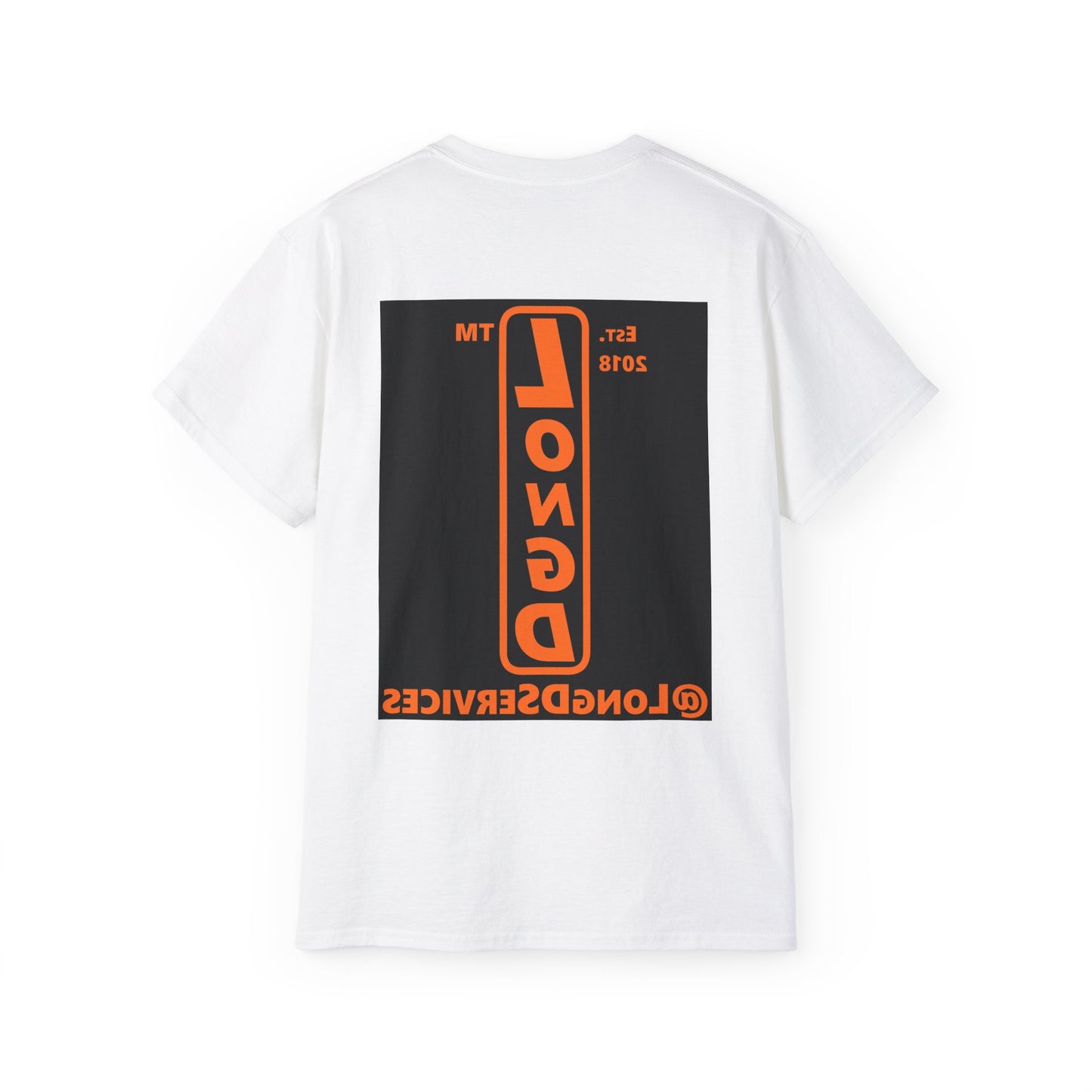 LongD Tag upright front-back logo orange (FE7518) on Black (000000) cotton tee
