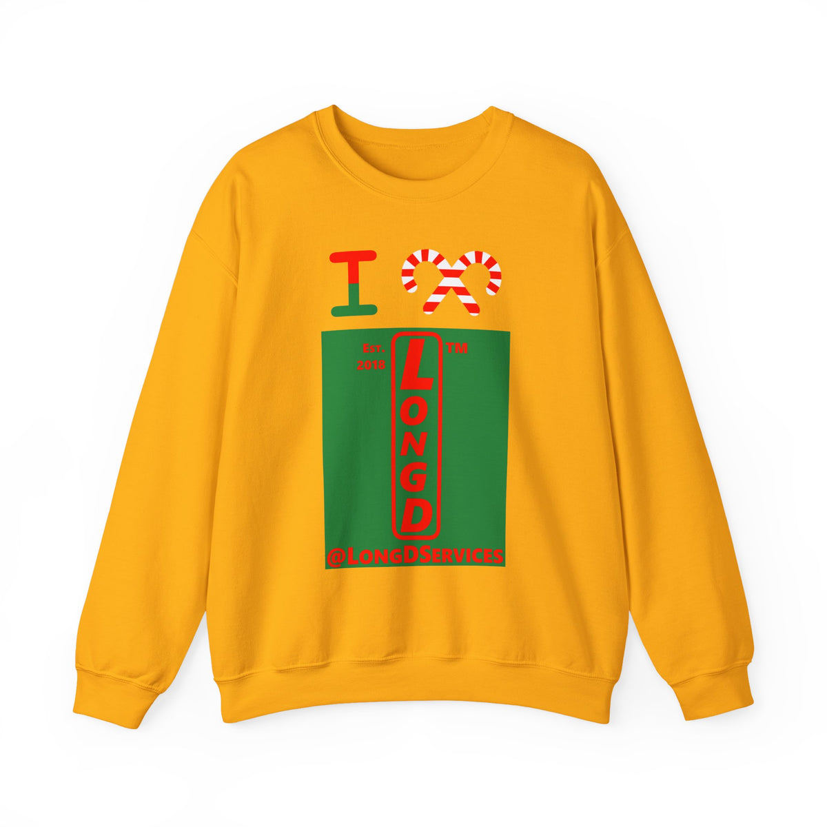 I candy cane LongD Tag upright front-back logo positive red on negative green crewneck sweatshirt