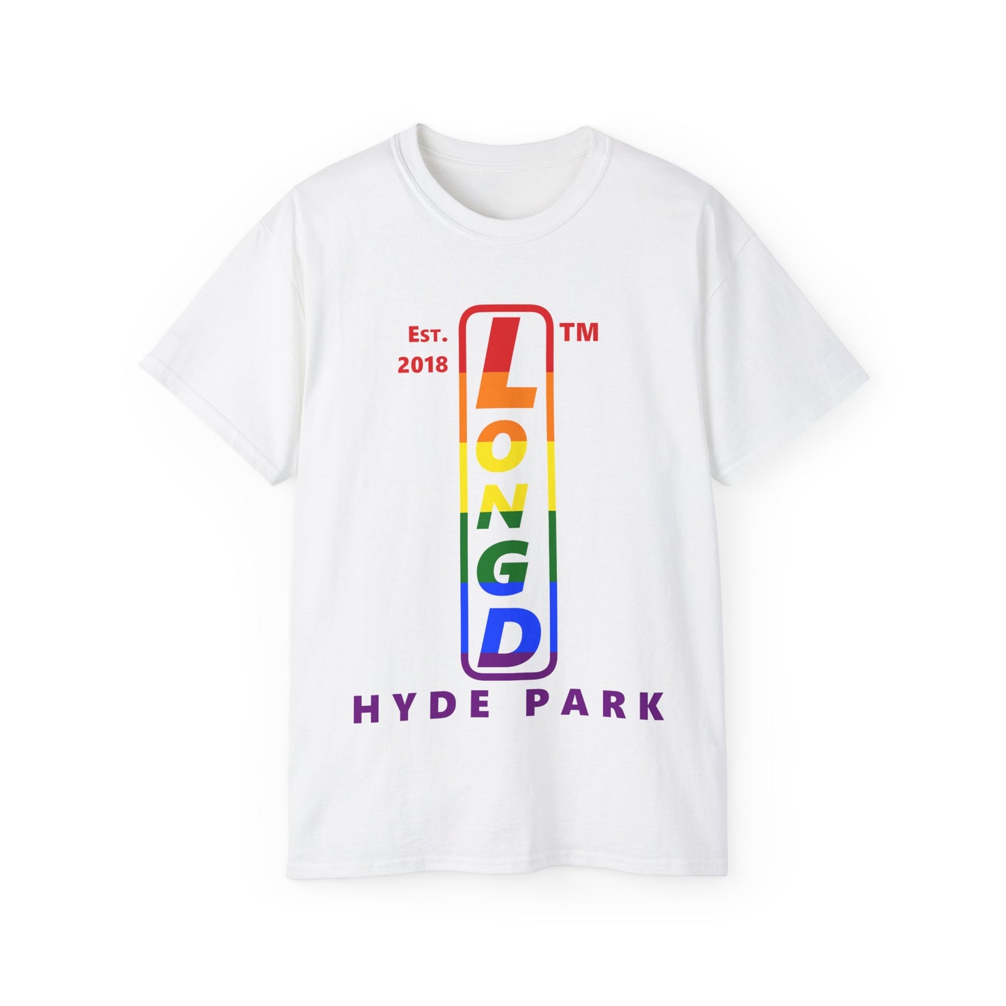 LongD Cotton Tee positive horizontal striped Hyde Park upright logo (Pride colors)