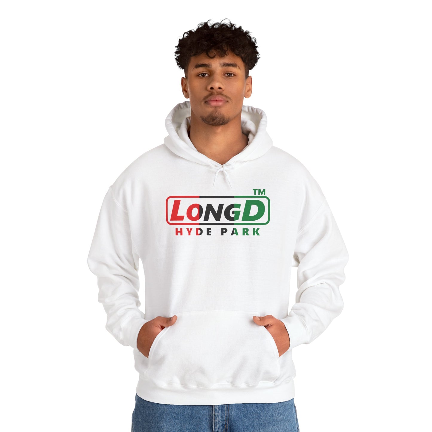 LongD® positive vertical 3-striped Hyde Park logo Hoodie (Juneteenth colors)