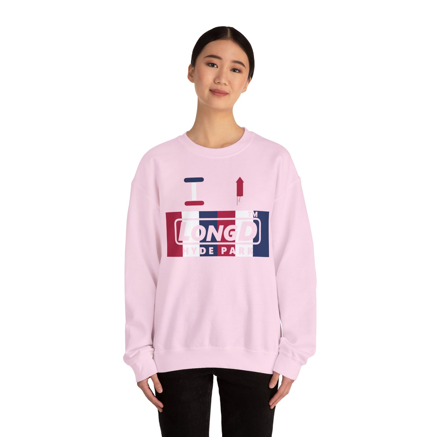 I firecracker LongD negative vertical 6-striped Hyde Park logo crewneck sweatshirt
