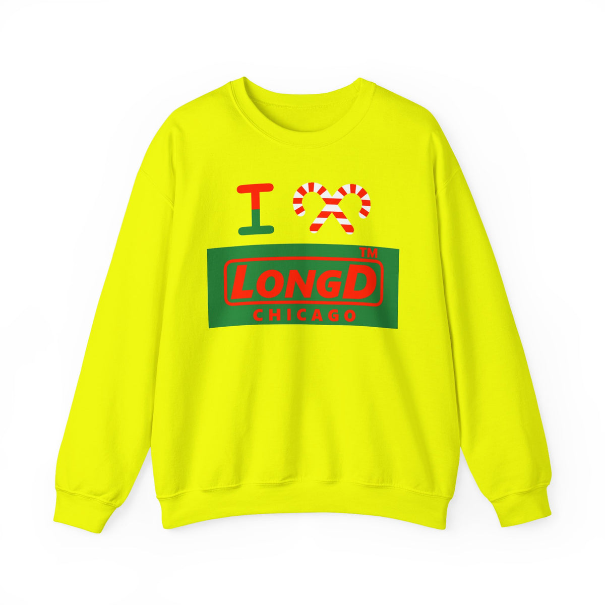 I candy cane LongD Chicago logo positive red on negative green crewneck sweatshirt