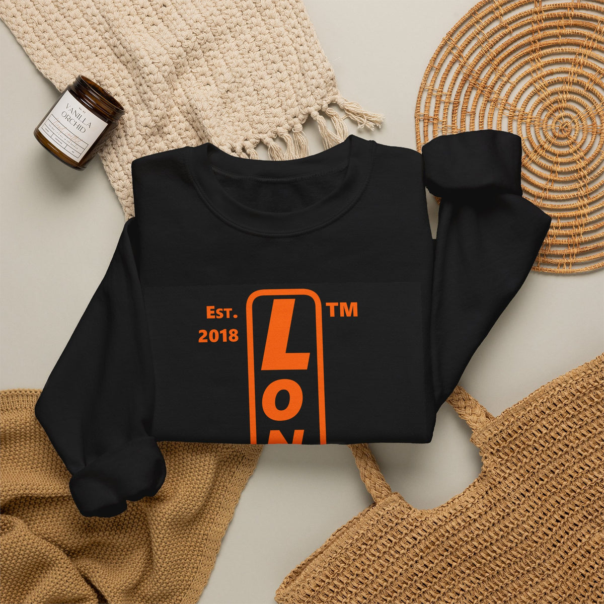 LongD Chicago upright front-back logo orange (FE7518) on Black (000000) crewneck sweatshirt