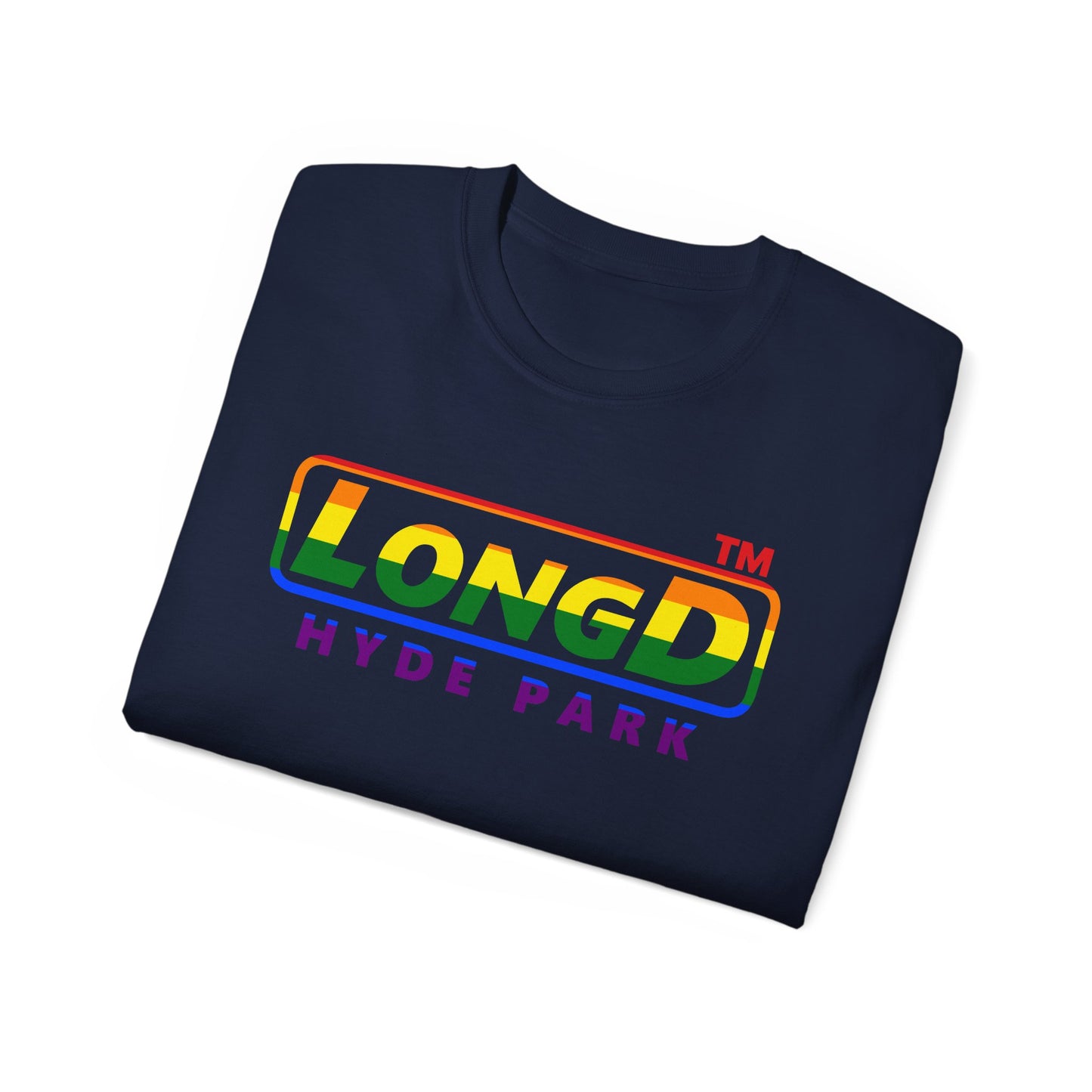 LongD positive horizontal striped Hyde Park logo cotton tee (Pride colors)