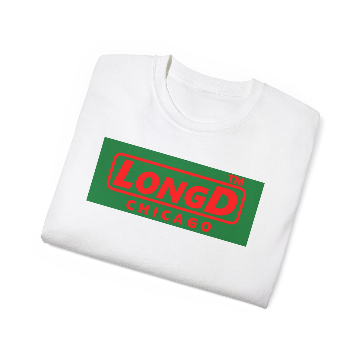 LongD Chicago logo positive red on negative green (Xmas colors) cotton tee
