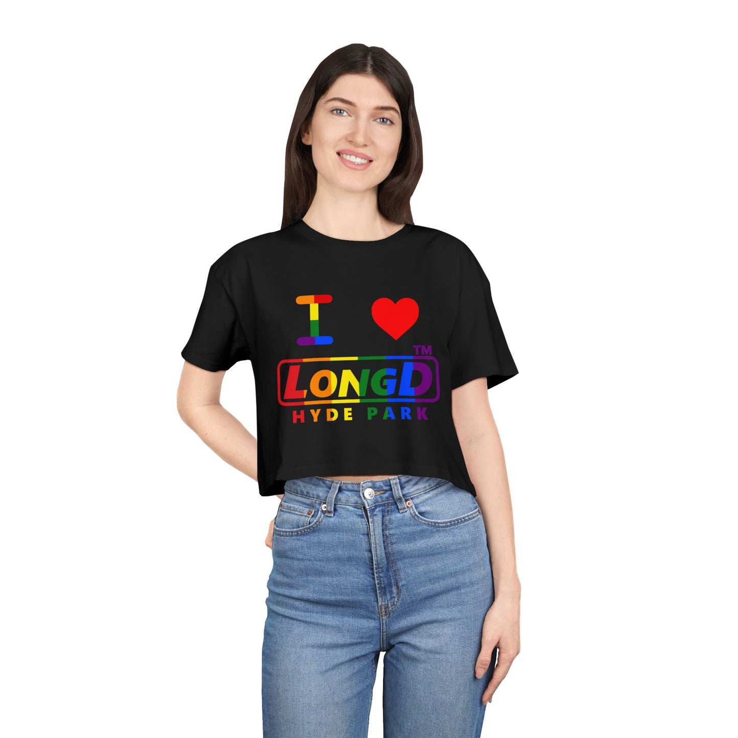 I Luv LongD positive vertical 6-striped Hyde Park logo crop tee (Pride colors)