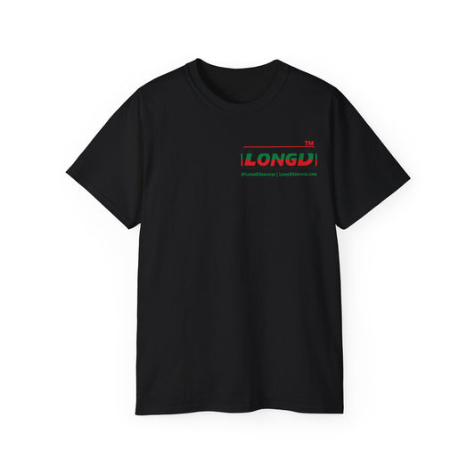 LongD positive horizontal 6-striped tag-domain logo single-breasted front-back cotton tee (Juneteenth colors)