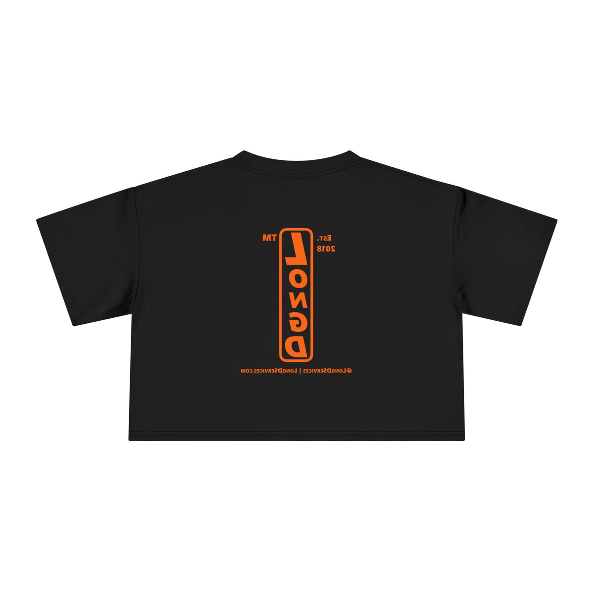 LongD Tag-domain upright front-back logo orange (FE7518) on Black (000000) crop tee