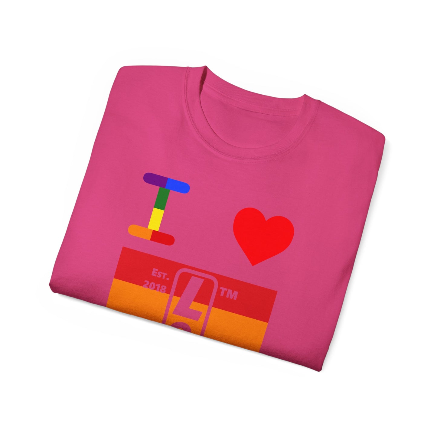 I Luv LongD Cotton Tee negative horizontal striped Chicago upright logo (Pride colors)