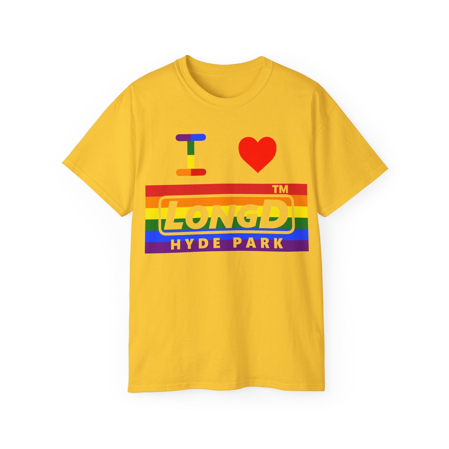 I Luv LongD negative horizontal striped Hyde Park logo cotton tee (Pride colors)