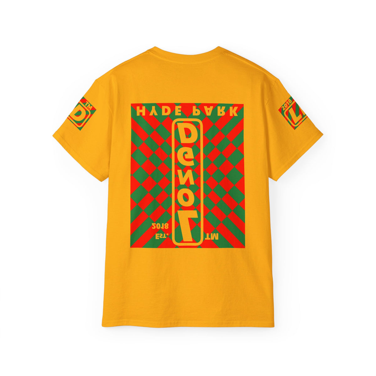 LongD Hyde Park negative upright stylized argyle 4-print logo (Xmas colors) cotton tee