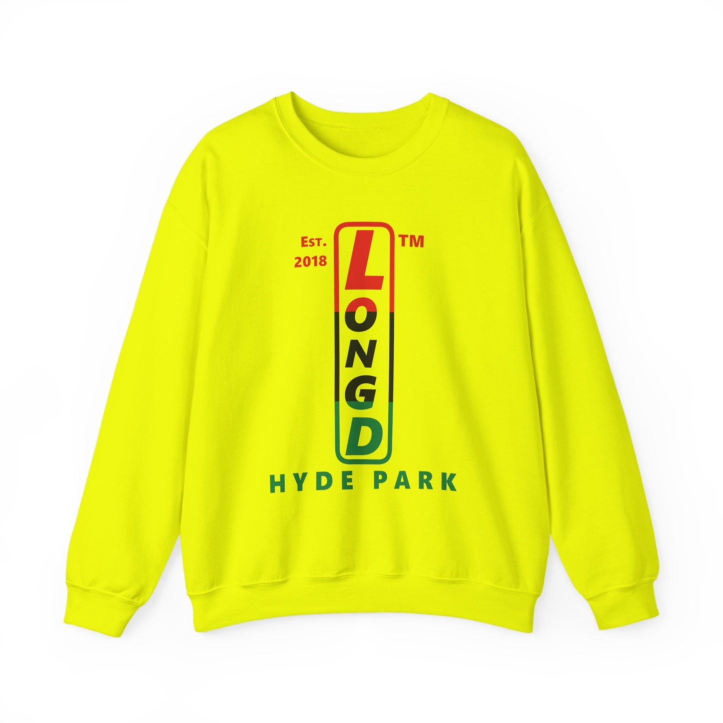 LongD positive horizontal 3-striped Hyde Park upright logo crewneck sweatshirt (Juneteenth colors)
