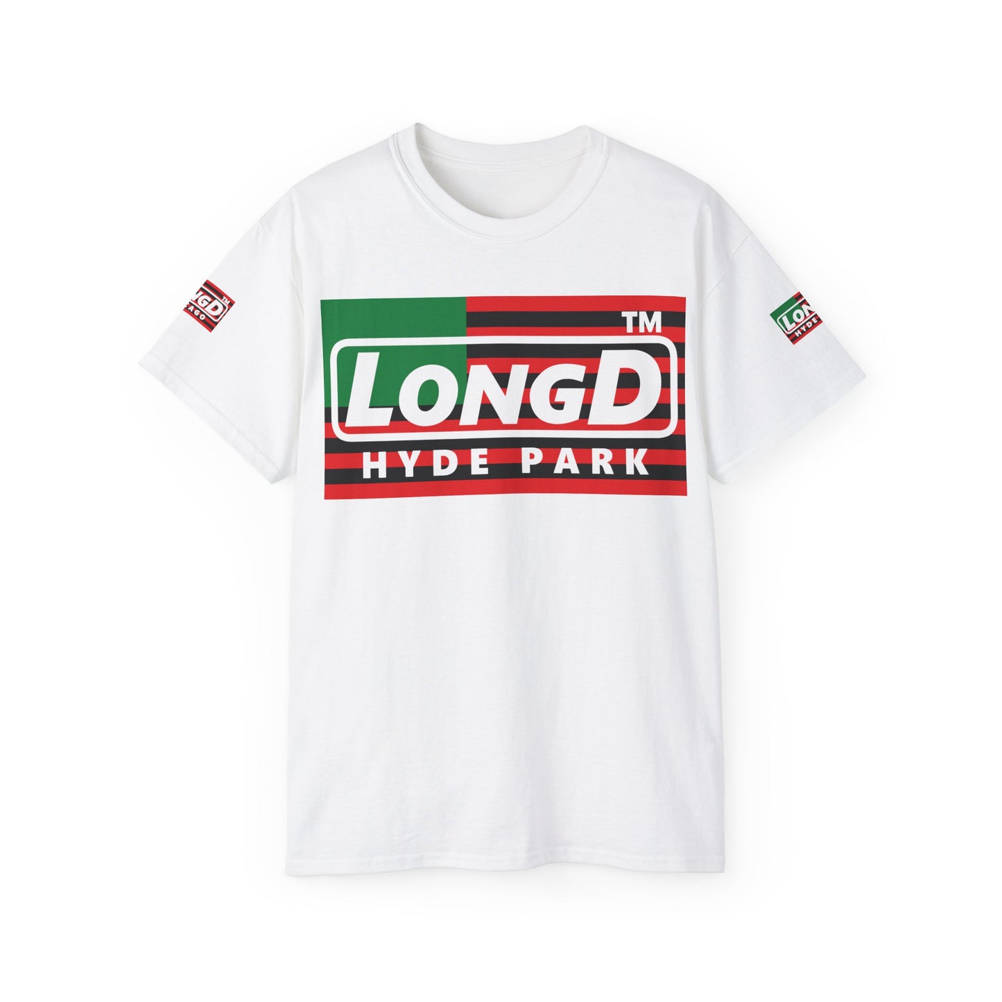 LongD negative flag Hyde Park logo 4-print cotton tee (Juneteenth colors)