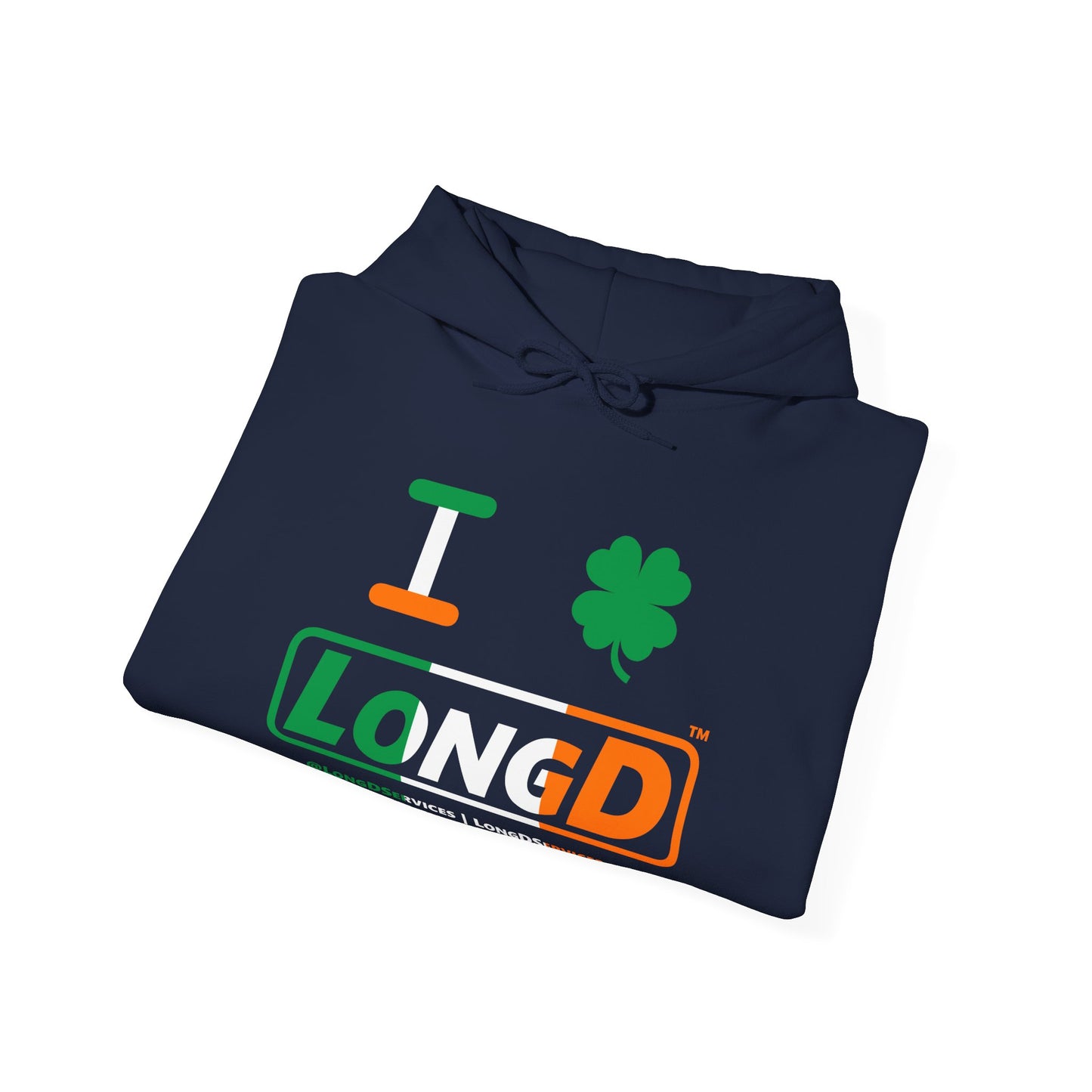 I Clover LongD® Logo Hoodie (St. Patrick's Day Irish Green-Irish Orange-White text)