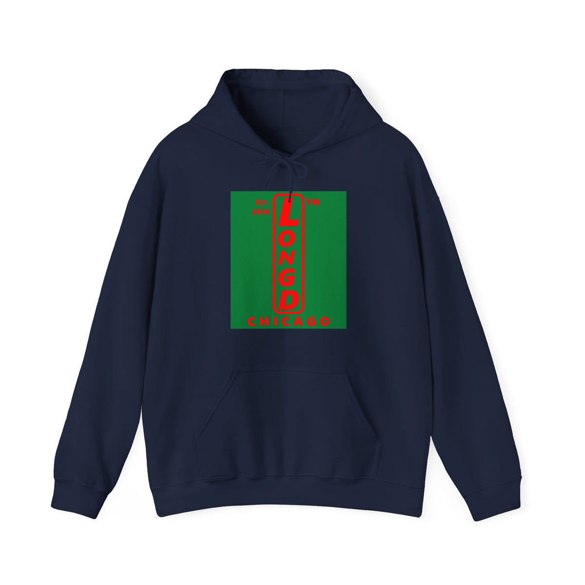 LongD Chicago upright logo positive red on negative green (Xmas colors) hoodie