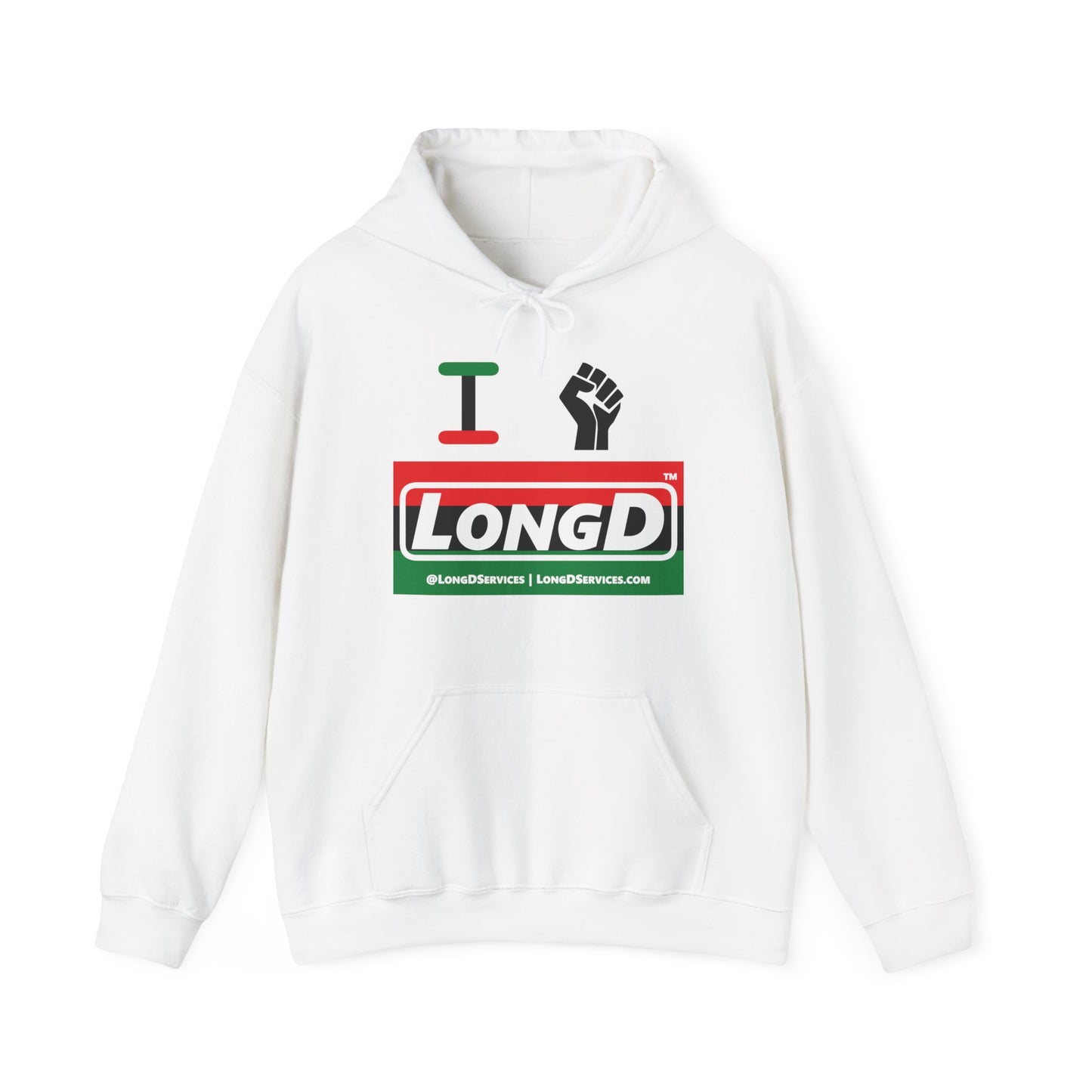 I Fist LongD® Logo Hoodie with Juneteenth black fist striped negative text