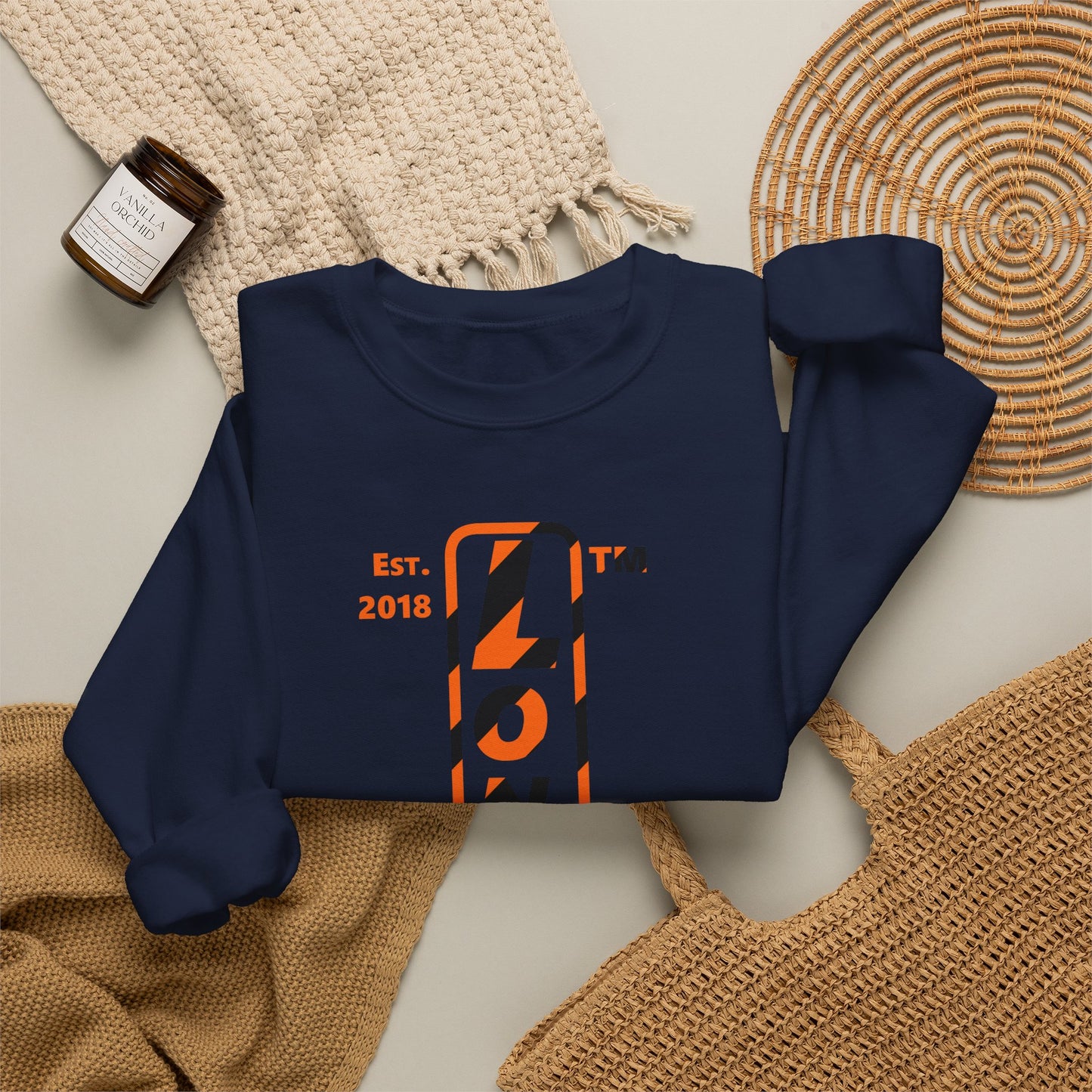 LongD Hyde Park positive upright pixel-weighted 12-striped 4-print logo (Halloween colors) crewneck sweatshirt